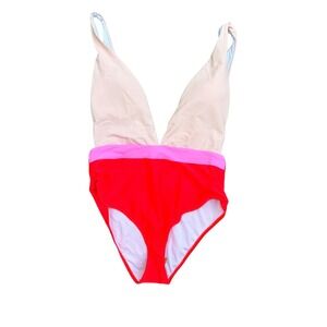 Stylish Colorblock One Piece Swimsuit Red Pink Peach V-Neck Size M  NEW